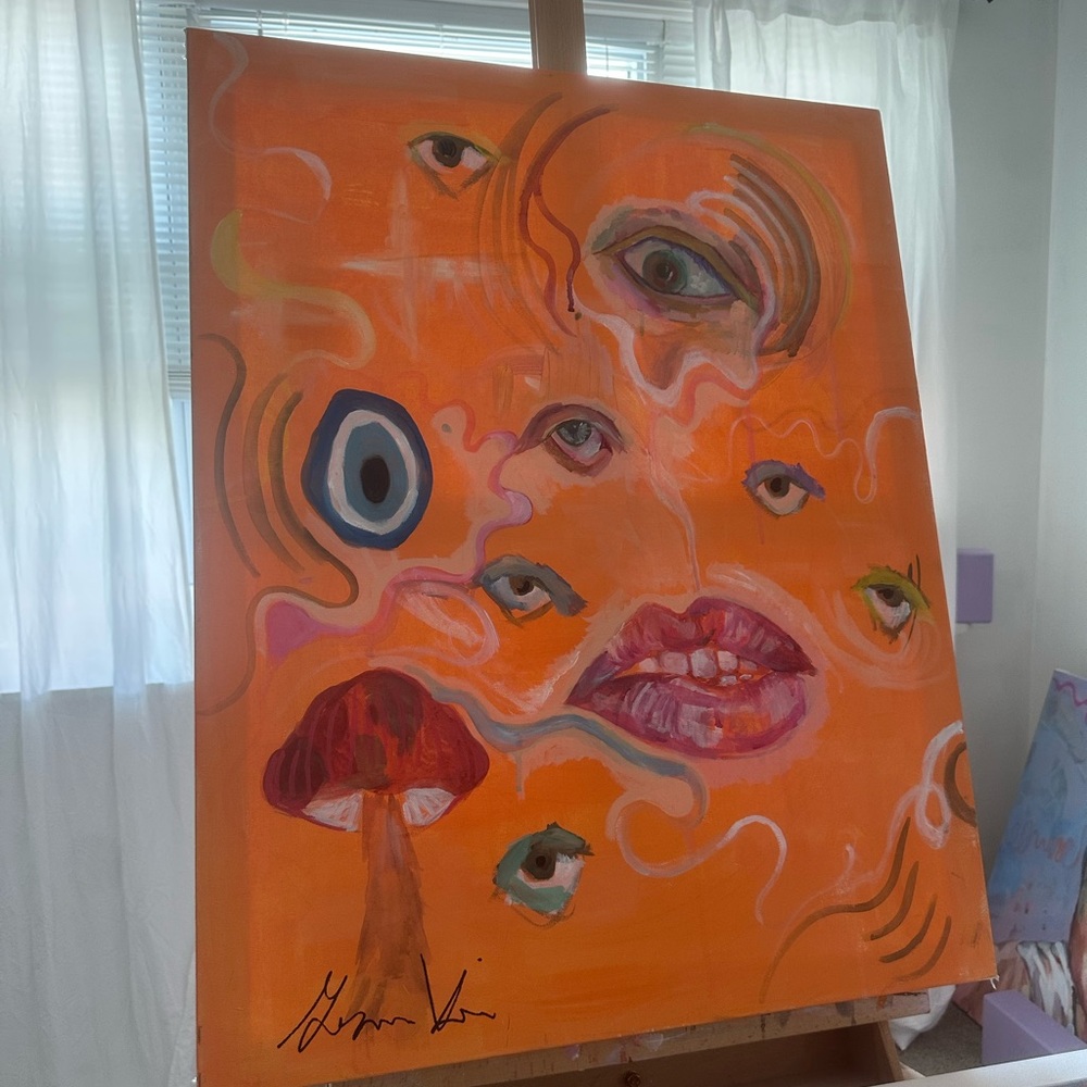 Surreal Orange Art Canvas with Eyes and Lips